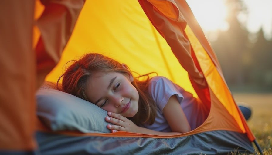 A documentary photo of a child resting on a comfortable camping pillow inside a tent at a campsite.