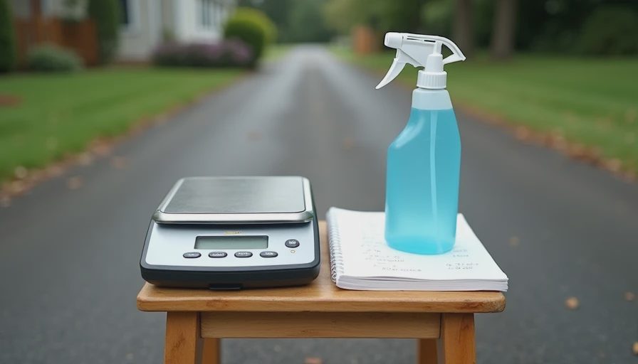 A documentary-style photo on a driveway showing testing tools including a digital kitchen scale, a spray bottle, and a handwritten data notebook.
