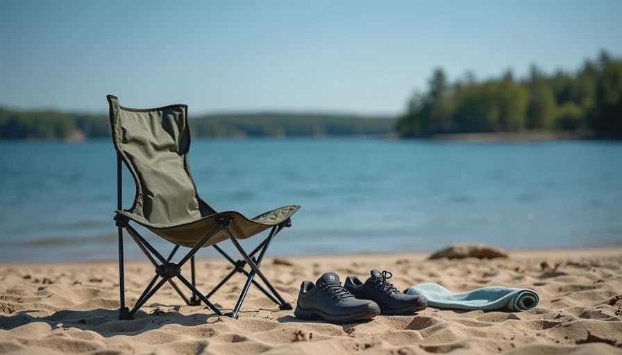 A documentary-style photo on a sunny inland lake beach showing a camp chair on sand alongside a quick-dry towel and water shoes.