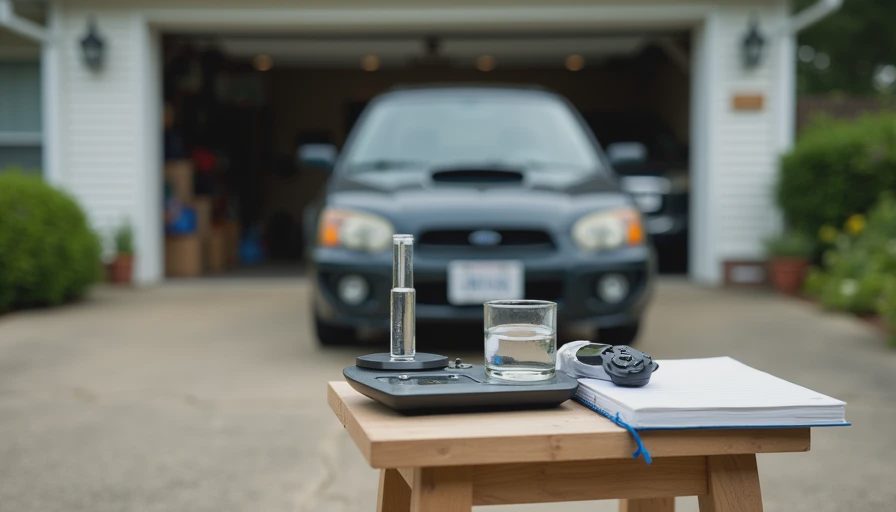 A documentary-style photo on a suburban driveway showing testing tools including a digital kitchen scale, thermometer, stopwatch, and a handwritten data notebook.