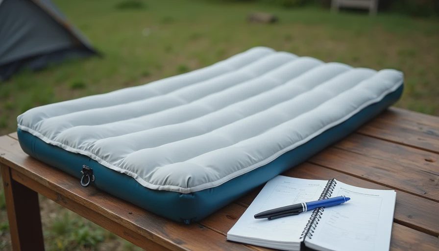 A documentary-style photo on a wooden campsite table showing an insulated sleeping pad next to a data notebook.