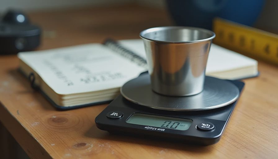 A documentary-style photo on a clean workbench showing a digital kitchen scale weighing a titanium camp mug next to a data notebook.