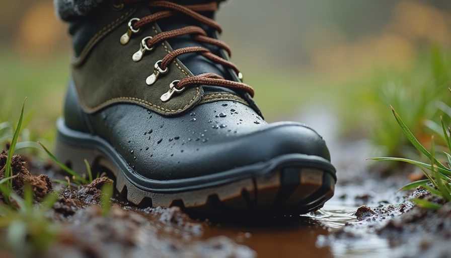 Close-up photo of a waterproof shoe stepping into wet grass, showing water beading off the membrane during a damp sideline shift.