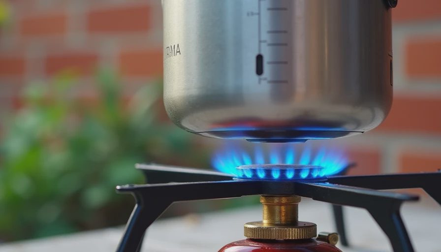 Close-up photo of a camping stove operating outdoors with a stable blue flame under a measured pot, demonstrating real-world backyard testing conditions.