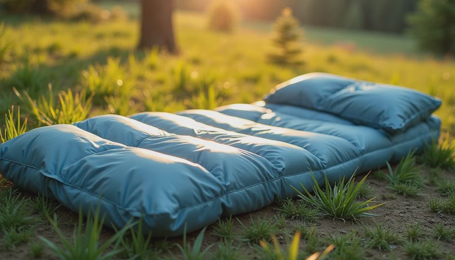 An outdoor photo of a lightweight down quilt spread across a sleeping pad, highlighting freedom of movement for side sleepers.