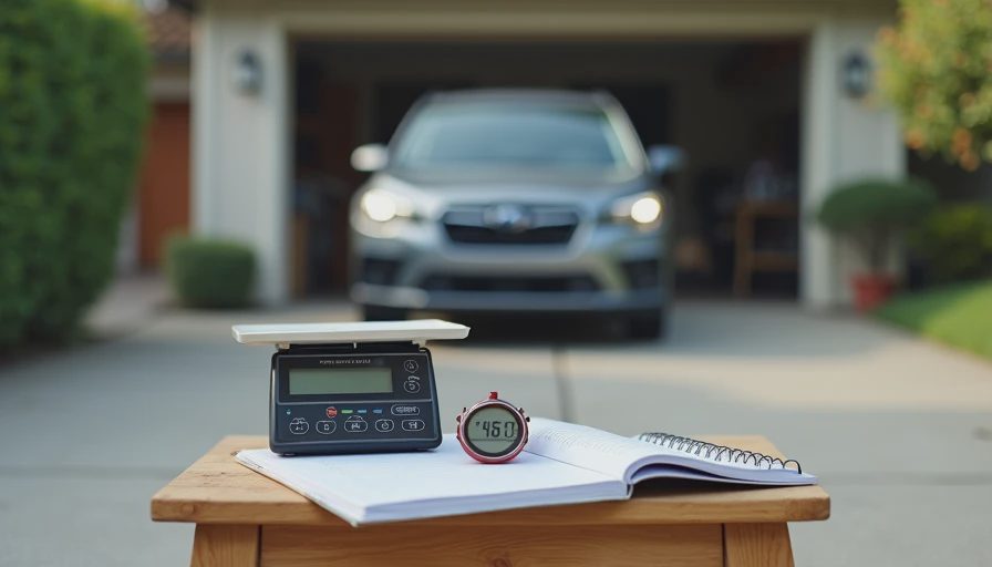 A documentary-style photo on a suburban driveway showing testing tools including a digital kitchen scale, stopwatch, and a handwritten data notebook.