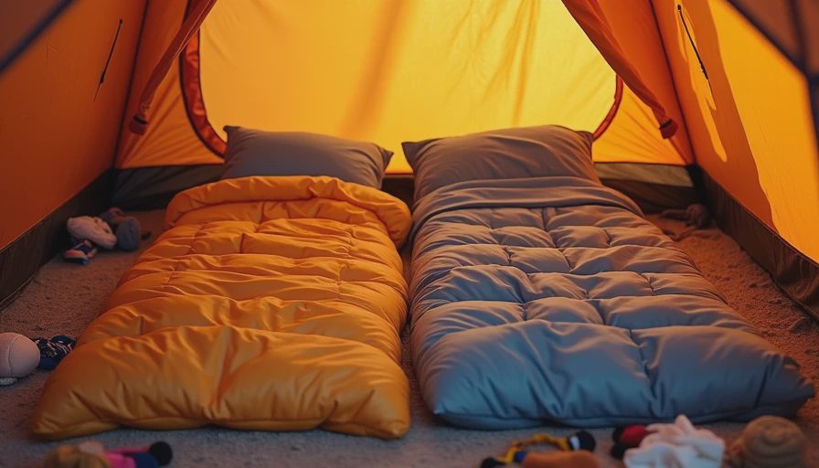 A cozy documentary-style photo inside a tent showing connected sleeping pads and shared bedding, highlighting a practical family sleep setup.