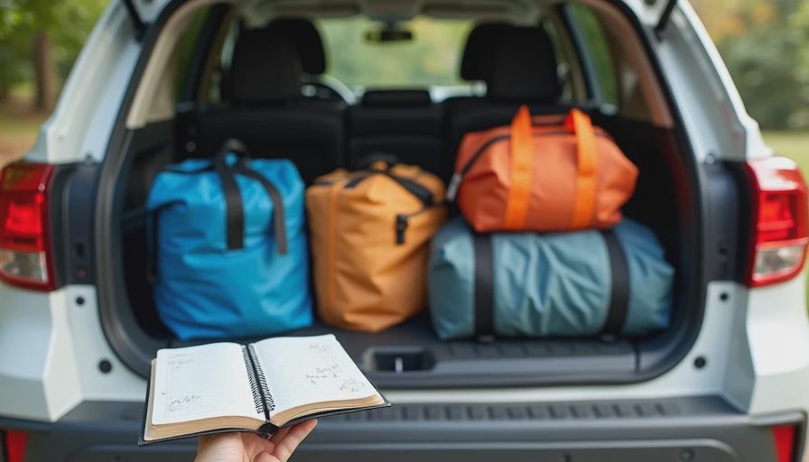 A documentary-style photo in a driveway showing a packed car trunk and gear bags next to a notebook, emphasizing trip preparation.