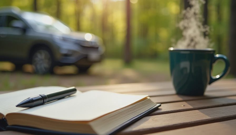 A warm weekend campsite photo showing an open notebook, a pen, and a steaming mug on a picnic table amidst a family-friendly campground.