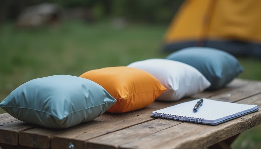 A documentary-style photo on a campsite wooden table showing various camping pillows and a data notebook during gear testing.
