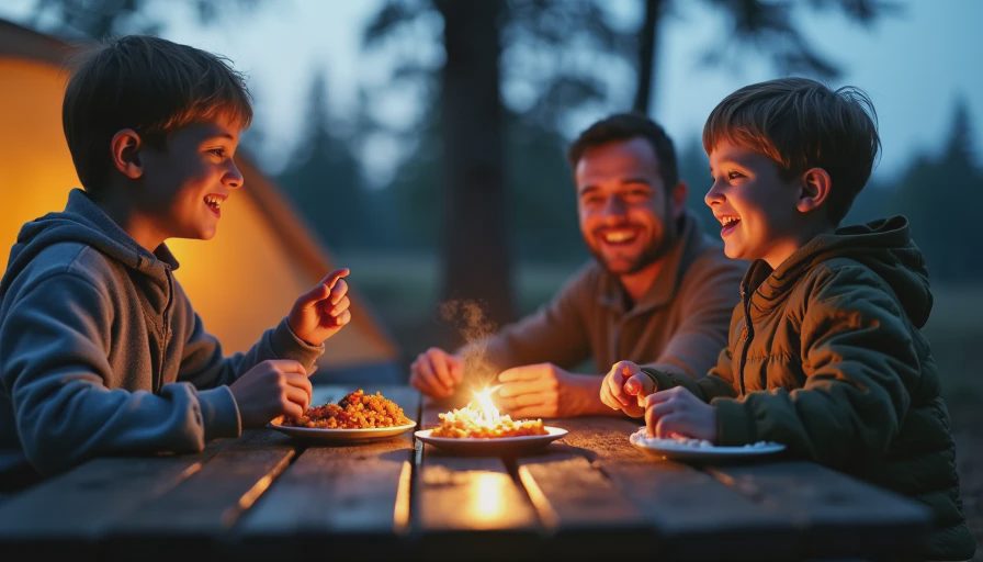 A warm twilight photo of a family enjoying a simple camp meal together at a picnic table, highlighting a calm and successful evening routine.