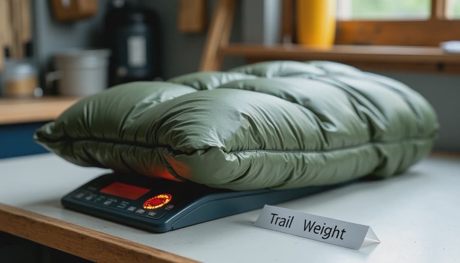 A documentary-style photo on a workbench showing a digital kitchen scale weighing a sleeping bag next to a spec label.