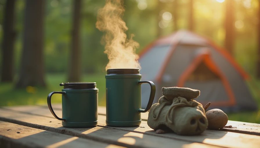 A warm outdoor photo of a camp mug steaming on a picnic table at a weekend campsite with soft forest background.