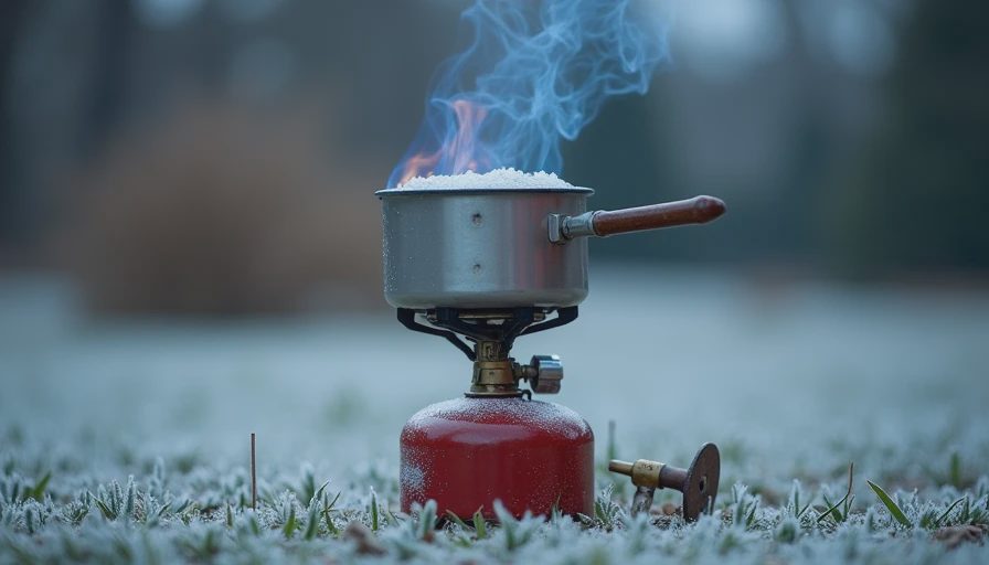 A documentary-style photo on a cold morning showing an upright canister stove with a faint flame outdoors, emphasizing chilly weather performance.