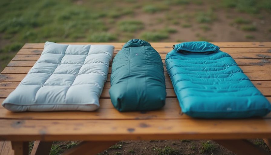 A documentary-style photo on a wooden campsite table showing an unpacked down quilt and a premium mummy sleeping bag side by side.