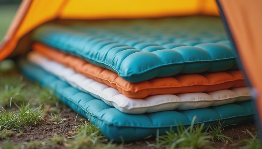 Close-up photo showing a closed-cell foam pad stacked underneath an inflatable sleeping pad on a grassy campsite ground.