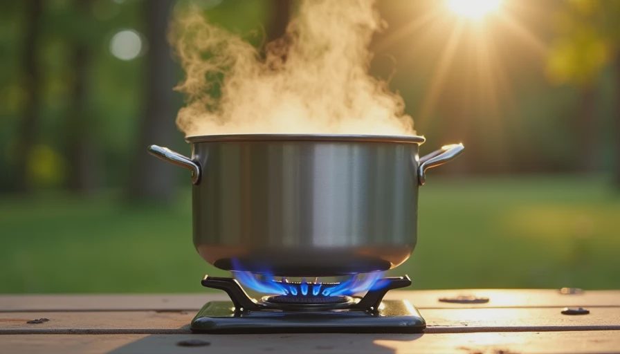 A warm outdoor photo of a camping stove operating steadily with a blue flame on a picnic table at a weekend campsite.