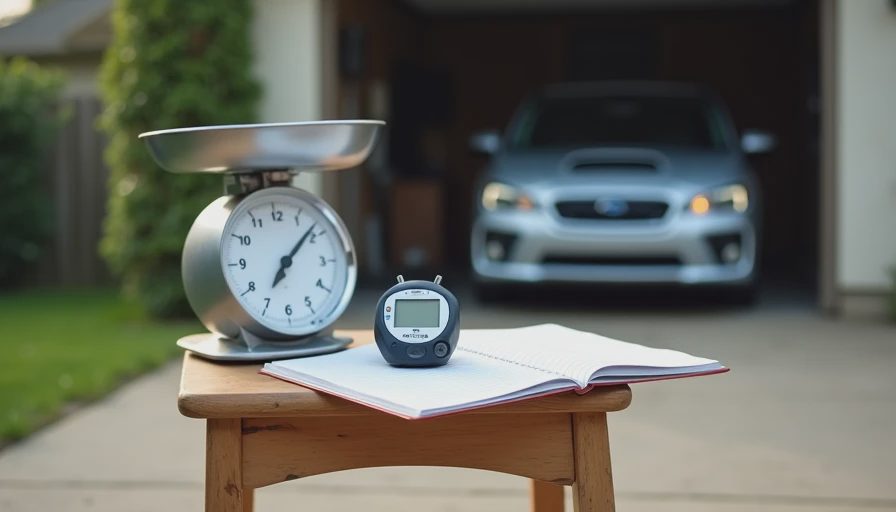 A documentary-style photo on a suburban driveway showing testing tools including a digital kitchen scale, stopwatch, and a handwritten data notebook.