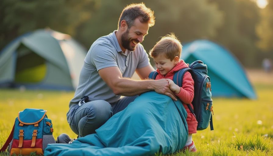 A documentary-style photo of a father helping his young child with a backpack at a campsite, highlighting family camping reality.
