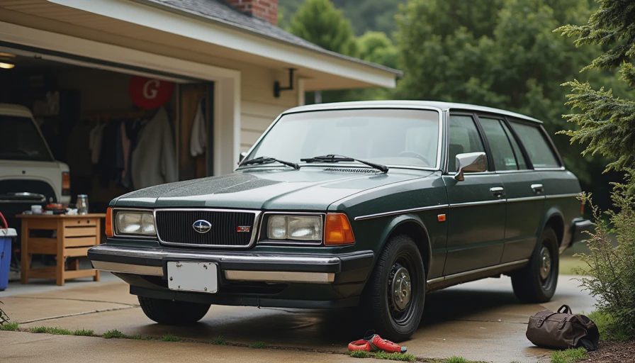 A documentary-style outdoor photo of an older Subaru wagon parked in a driveway with basic tools and gear, blending car maintenance and camping life.