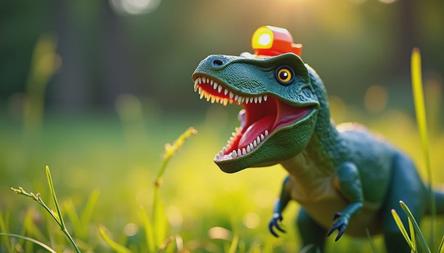 Close-up photo of a dinosaur-themed novelty headlamp shooting a soft beam of light against a green outdoor campsite background.
