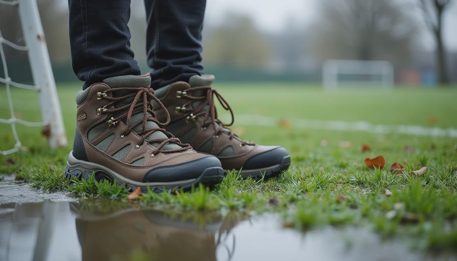 A documentary-style photo of a damp hiking shoe standing on wet grass near puddles at a soccer sideline, highlighting real-world testing conditions.