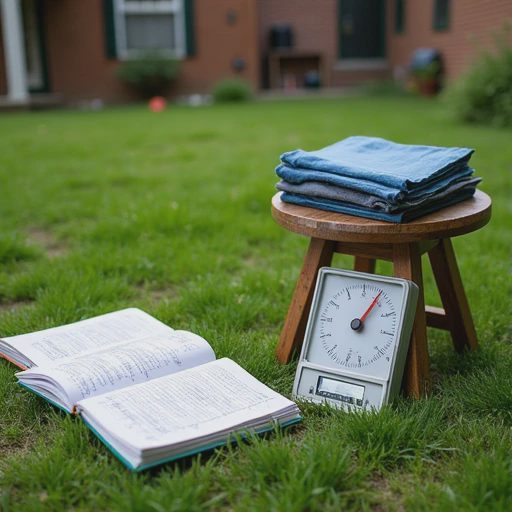 A documentary-style photo in a suburban backyard shows a digital kitchen scale weighing a lightweight tent beside a notebook and ultralight hiking books, emphasizing real-world testing over idealized gear culture.
