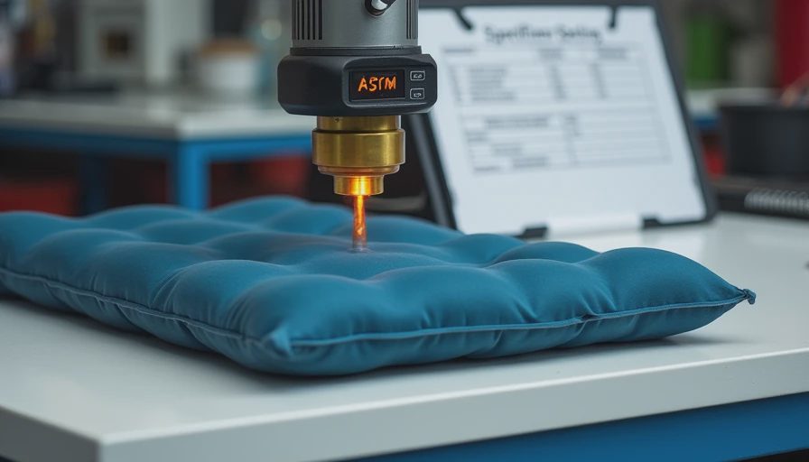 A laboratory testing photo showing thermal resistance equipment measuring a sleeping pad next to spec documents and a data notebook.