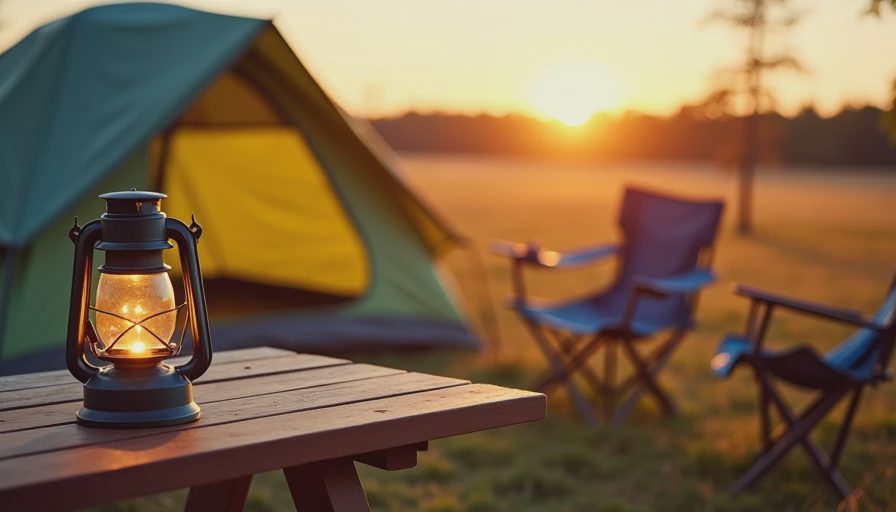 An outdoor lifestyle photo of a family tent and camp chairs set up at a campsite at dusk, conveying a smooth arrival.