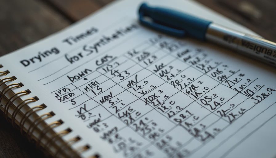 Close-up photo of an open data notebook showing handwritten drying time comparison tables and metrics for puffy jackets.