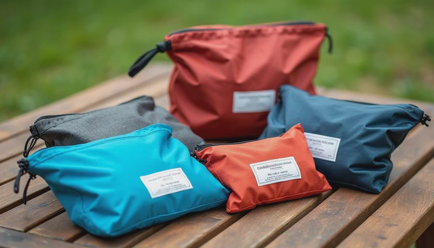 Flat lay photo showing color-coded camping gear organizer bags with clear labels on a wooden table.
