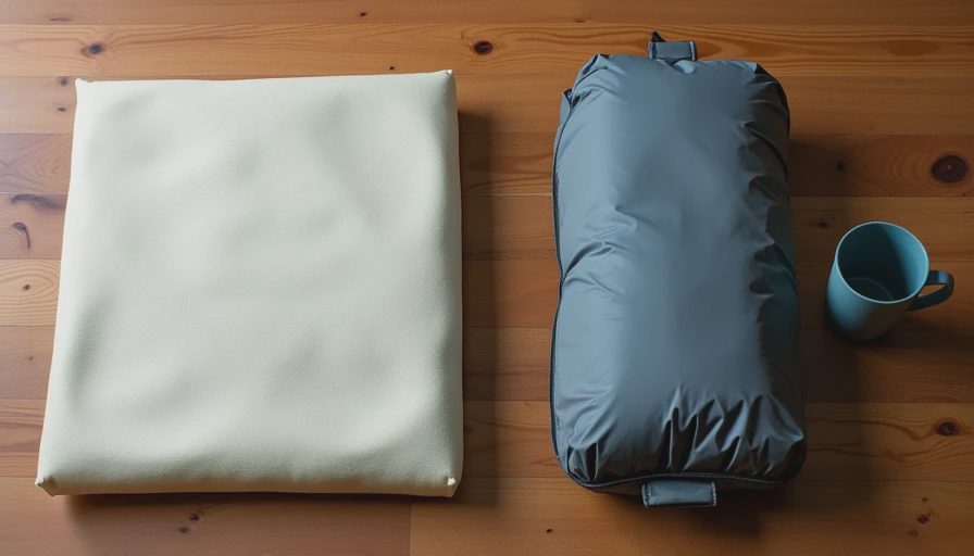 Flat lay photo comparing the packed size of a rolled foam sleeping pad and a compact compressed inflatable pad on a wooden table.