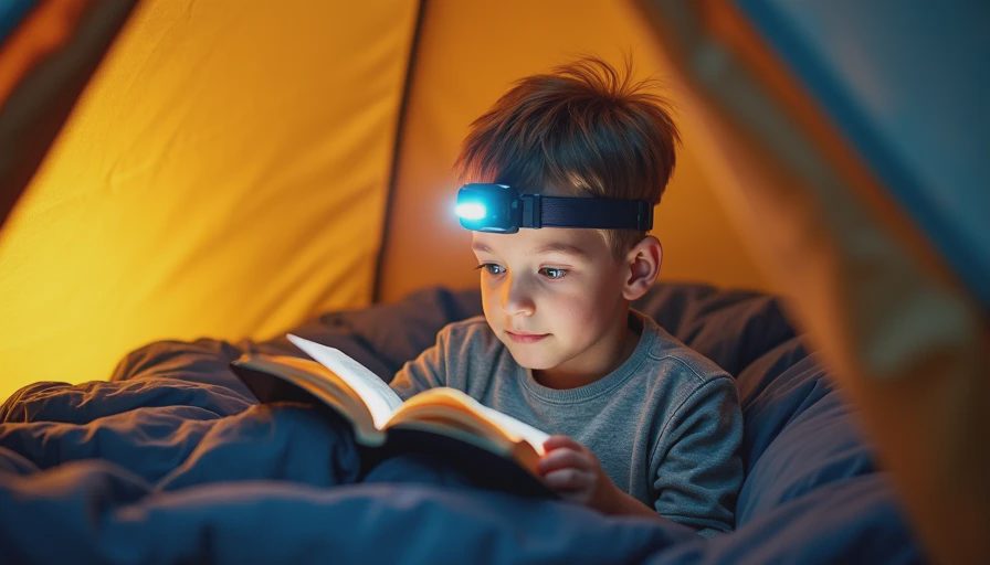 A documentary-style photo of a 7-year-old child wearing a glowing headlamp while reading inside a tent at dusk, highlighting real-world use.