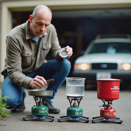 Close-up photo of Tom Larsen, an operations data analyst, performing a controlled backyard test on multiple camping stoves. He carefully measures water boil times using a stopwatch and identical pots, with an old Subaru parked in the background.