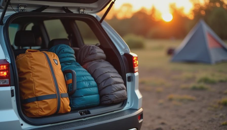 An outdoor photo showing gear duffels and extra supplies neatly packed in the trunk of an SUV at a campsite.