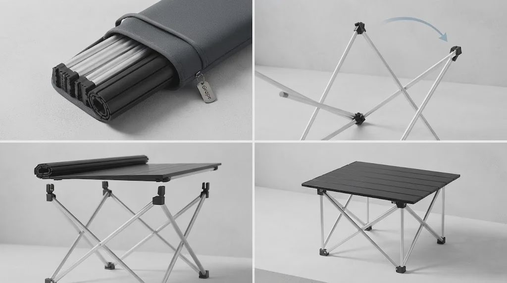 A minimalist 16:9 product design grid showing the assembly steps and final setup of a folding aluminum camp table.