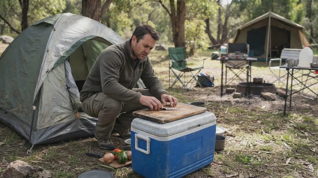 A man camping outside a tent, using a blue cooler lid as a makeshift cutting board to slice vegetables.