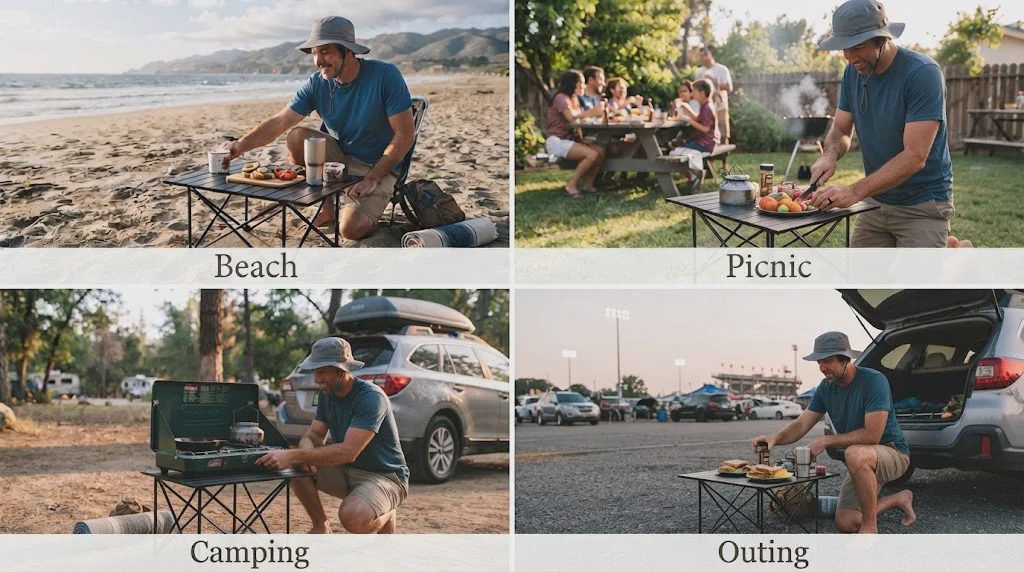 A 16:9 documentary collage showing four outdoor scenes labeled Beach, Picnic, Camping, and Outing with an aluminum folding table.