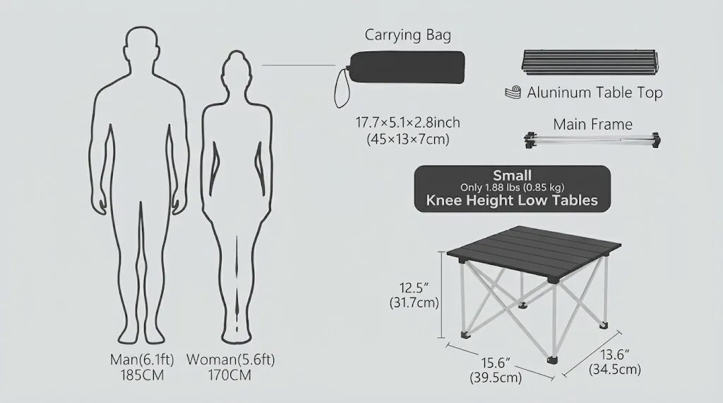 A minimalist 16:9 product dimensions guide showing the portable folding camping table size specs, parts, and height comparison against adults.