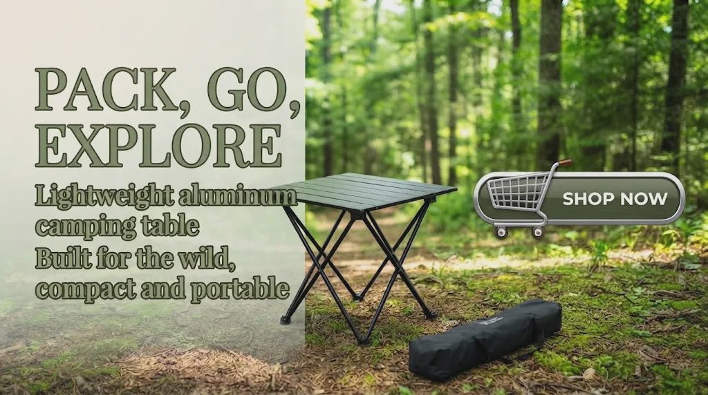 An olive green and white promotional banner featuring a lightweight aluminum camping table in a forest, with a shopping cart emoji and "SHOP NOW" button.