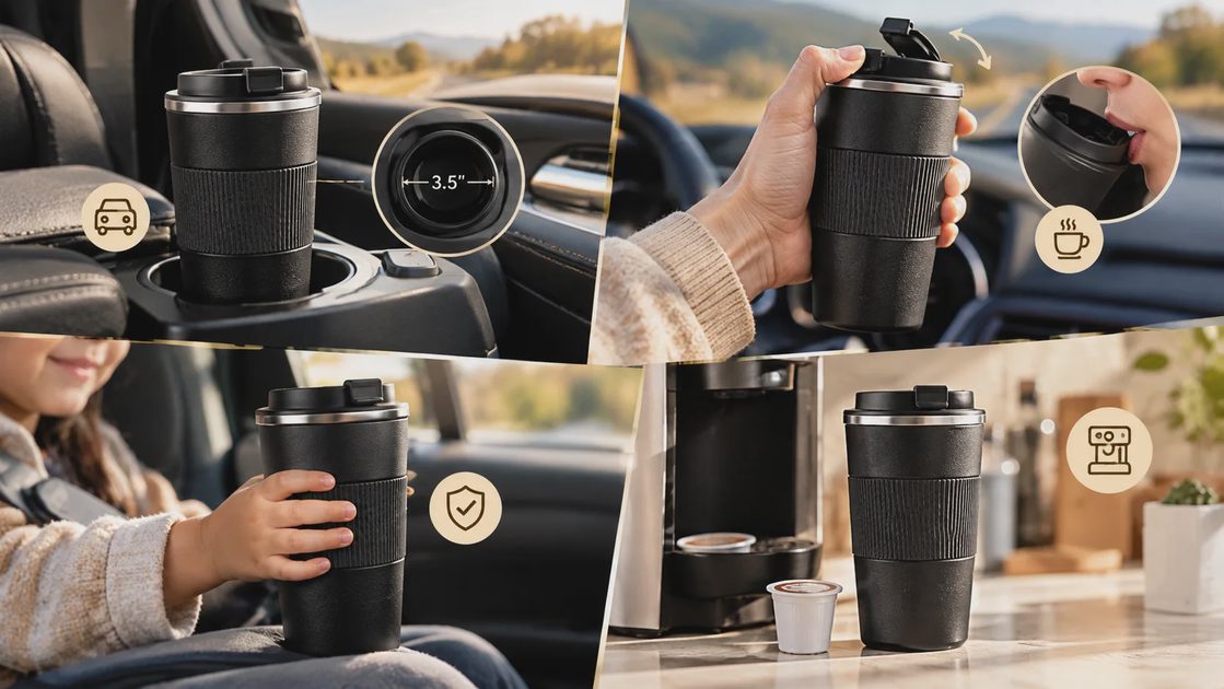 Collage showcasing the black YINBAOGE travel coffee mug used in a car cupholder and single-serve brewer.