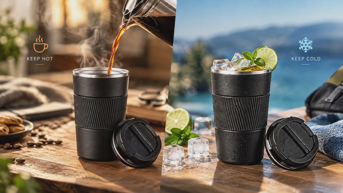 Split image comparing hot coffee being poured into a black YINBAOGE mug and an iced cold drink.