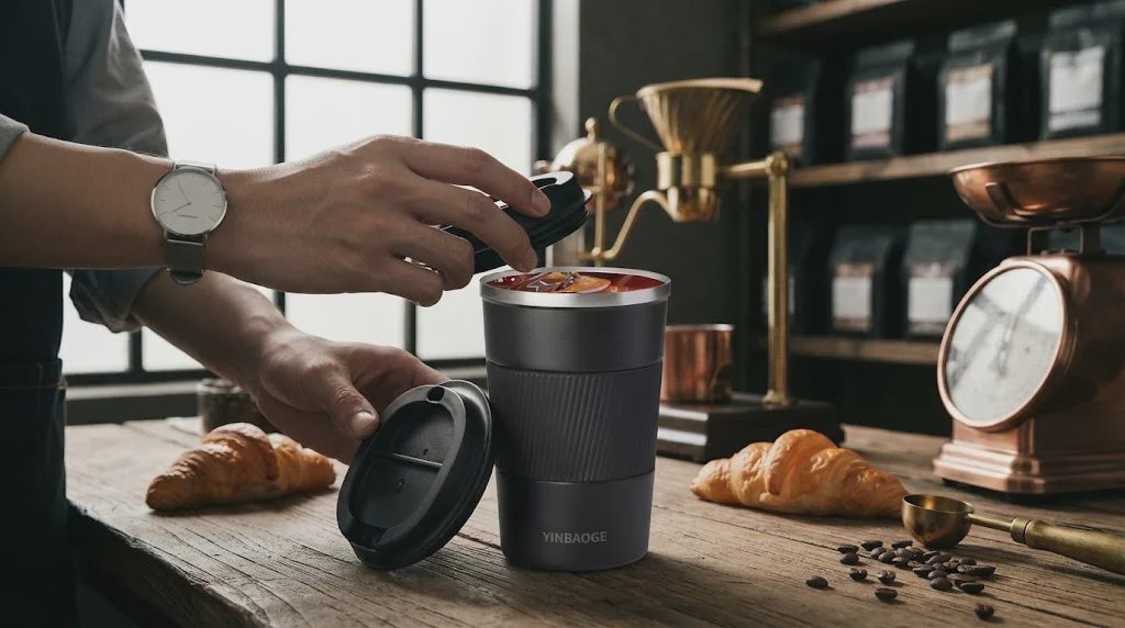 A person holding the lid of a black YINBAOGE insulated travel coffee mug on a wooden table with croissants.