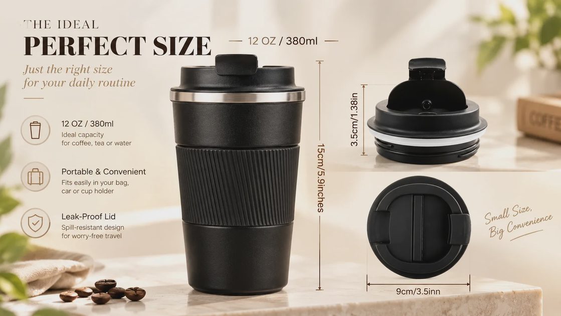 Infographic showing the dimensions and features of a 12 oz black YINBAOGE insulated travel coffee mug with lid.