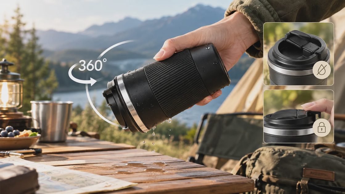 Hand pouring water over a black YINBAOGE travel coffee mug outdoors with 360-degree rotation and lid details.