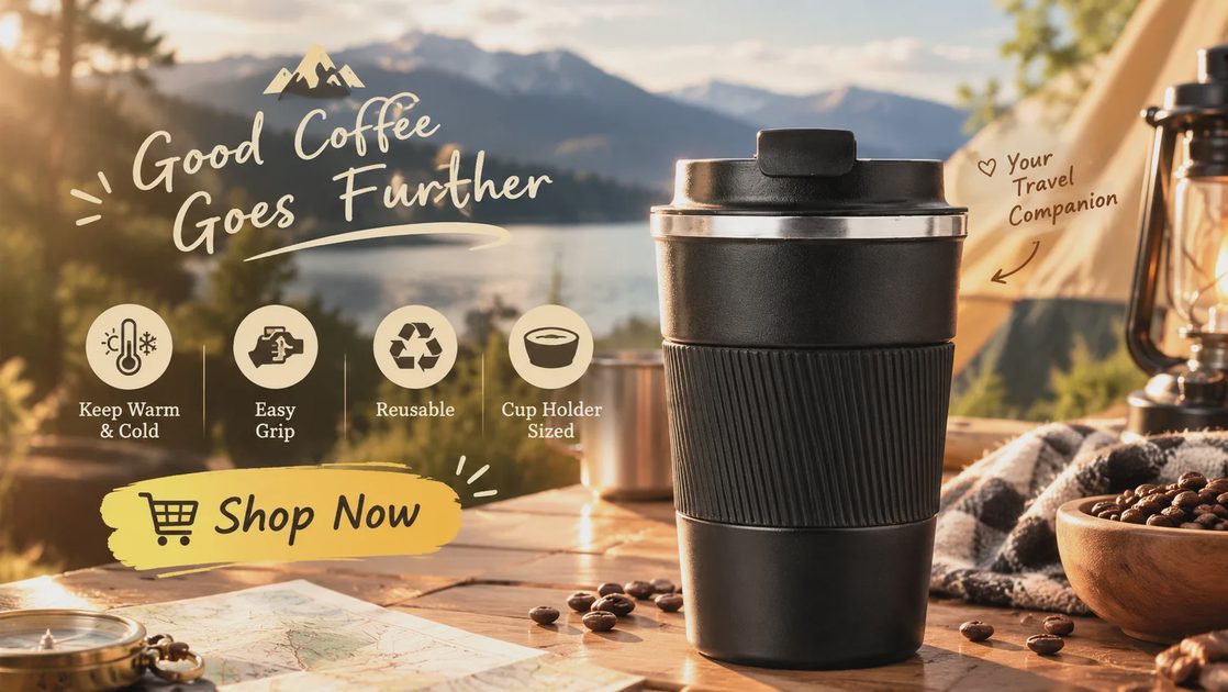 Promotional banner featuring a black YINBAOGE travel coffee mug with camping scenery, features icons, and Shop Now button.